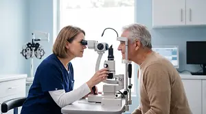 Optometrist examining an older man's eyes with a slit lamp in an eye care clinic