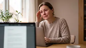 Woman touching her eye while working on a laptop at home