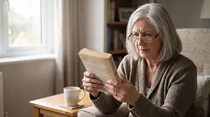 Older woman wearing glasses reads a book at home beside a cup of coffee