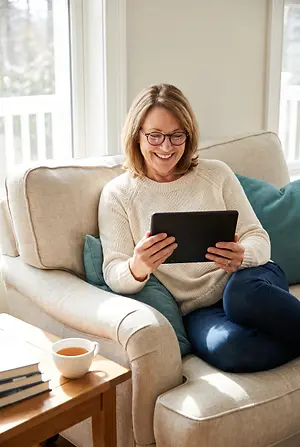 Smiling woman wearing glasses reading a tablet while relaxing in an armchair