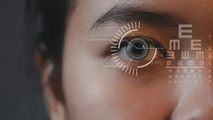 A woman's eye with a futuristic eye-tracking overlay