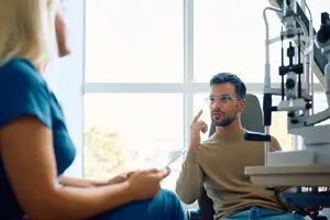 A man with glasses sitting in front of an optometrist's chair while talking to a woman wearing a blue shirt and a white eye exam machine behind him
