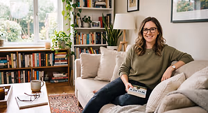 A woman in a green sweater sits on a couch and holds a book in her lap.