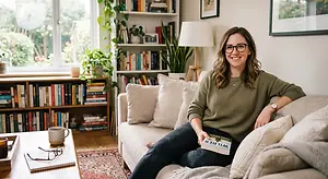 A woman in a green sweater sits on a couch and holds a book in her lap.