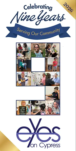 Celebrating nine years serving the community, with a photo collage of children and adults receiving eye care at Eyes on Cypress.