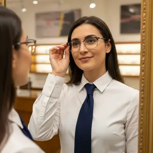 A woman wearing glasses and a white shirt and blue tie is looking in a mirror in a room with a wooden desk and paintings on the wall.