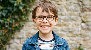 A smiling boy with glasses stands in front of a stone wall with green plants