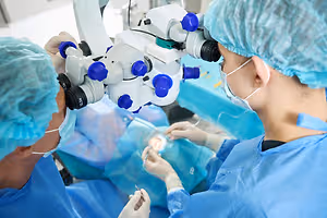 Two doctors are performing surgery in an operating room using microscopes and surgical tools.