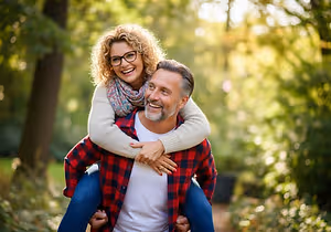 An adult man in a red and black checkered shirt holds an adult woman in a white sweater on his back while standing in a garden.