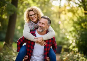 An adult man in a red and black checkered shirt holds an adult woman in a white sweater on his back while standing in a garden.