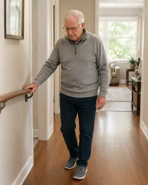 Elderly man with glasses and a sweater walks in a hallway of a house with a wooden floor and a railing.