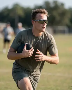 A man in a green shirt holding a football while running on a grassy field