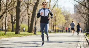woman running in the park with other people in the background