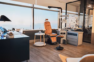 A room with a brown leather chair and a large window that offers a view of the ocean