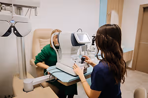 A woman is examining a patient's eyes with an ophthalmoscope.