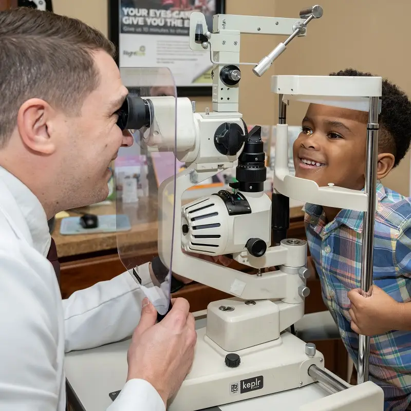 An optometrist in a white lab coat examines a young boy's eyes with an ophthalmoscope