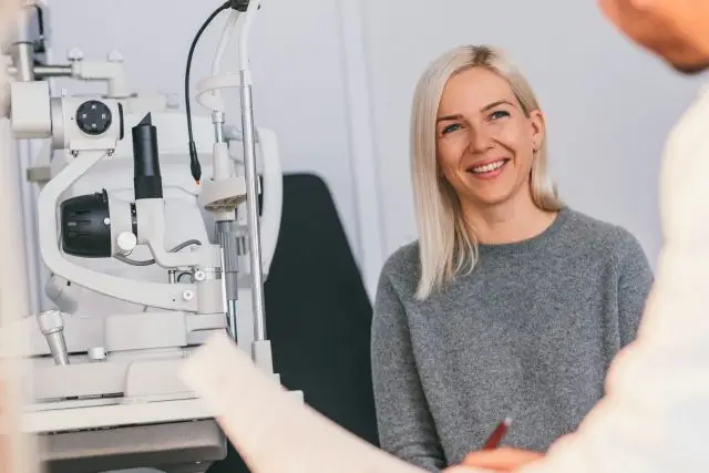 Woman having eye exam in an optometrist's office