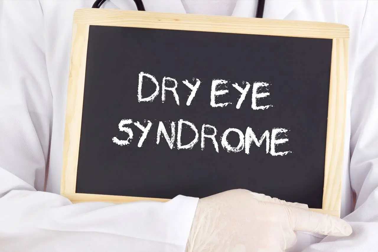 A doctor holding a blackboard with the words Dry Eye Syndrome