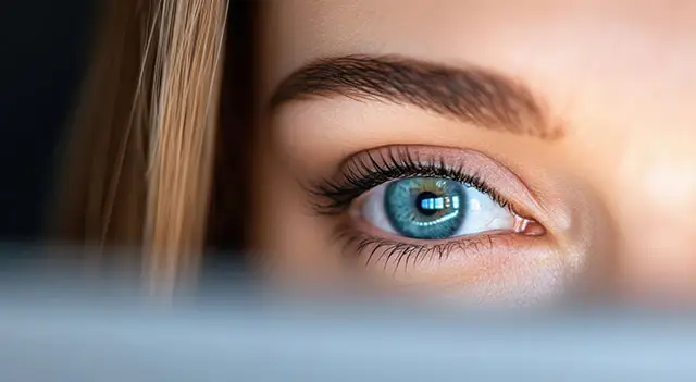 Close up of a woman with blue eyes and long eyelashes looking at the camera.