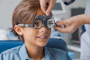A child wearing trial lens prescription after having an eye exam