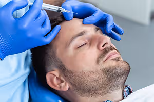 A man is receiving botox injections from a medical professional in a clinic.
