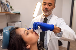 A doctor in a white coat and blue gloves is administering a nasal spray to a woman in a dental chair.