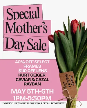 Special Mother's Day Sale advertisement with pink flowers and sale details.