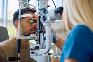 Patient having an eye examination with a slit lamp while an optometrist operates the equipment