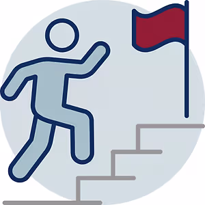 A person running towards a red flag placed on a circular staircase.