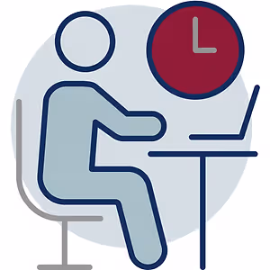 Illustration of a person sitting at a desk with a laptop and a clock above them indicating lunchtime.