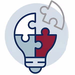 Puzzle piece illuminating a lightbulb with a grey circle and a grey puzzle piece