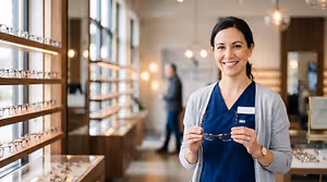 A smiling woman holds a pair of glasses in front of a display case with shelves and lights in the background.