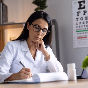 A woman doctor in a white coat wearing glasses is writing something in a notebook at a desk with a laptop and medicine bottle