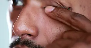 close up of a man's eye and hand touching it