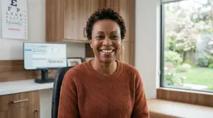 African American woman sitting in a chair and smiling in an office with a computer monitor and eye chart on the wall