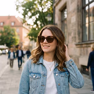 A woman wearing a denim jacket and sunglasses is walking down the street.