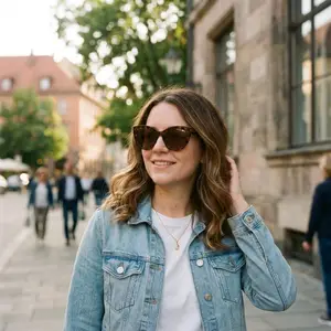 A woman wearing a denim jacket and sunglasses is walking down the street.