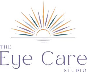 Logo for The Eye Care Studio, featuring a vibrant sunburst with rays in various colors, and the words 'The Eye Care Studio' written in purple font against a white background.