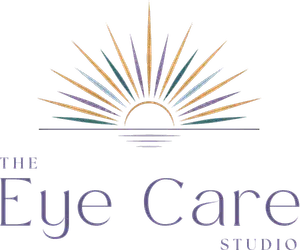 Logo for The Eye Care Studio, featuring a vibrant sunburst with rays in various colors, and the words 'The Eye Care Studio' written in purple font against a white background.