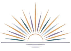 A stylized image of a sun with rays in various colors such as blue, purple, orange, and yellow set against a black background, giving the impression of a sunrise or sunset
