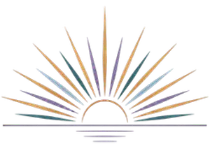 A stylized image of a sun with rays in various colors such as blue, purple, orange, and yellow set against a black background, giving the impression of a sunrise or sunset