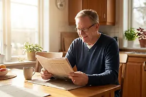 An older man with glasses reading a newspaper at a table in the kitchen