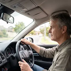 An older gentleman drives a car and turns the steering wheel, with trees and houses in the background.