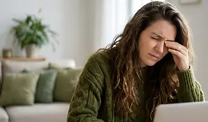 woman sitting at a desk with a laptop in front of her looking stressed