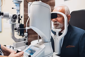 An older man getting his eyes examined in an ophthalmology clinic