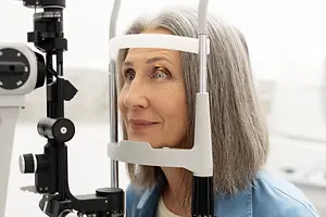 An older woman in a blue shirt is examining her eyes with a device in a medical clinic