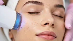 A woman with freckles on her face is having her skin treated with a blue light device.