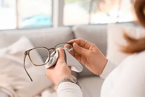A woman cleaning her glasses with a cloth