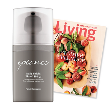 Epionce Daily Shield Tinted SPF 50 sunscreen bottle beside a Martha Stewart Living magazine featuring peaches