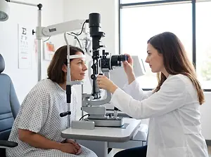 Optometrist examining a patient's eyes with a slit lamp in an eye care clinic